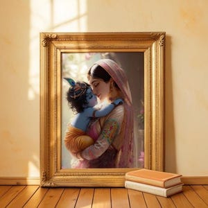 A framed painting of a woman embracing a child, with a book and a stack of books placed in front of the painting on a wooden floor.
