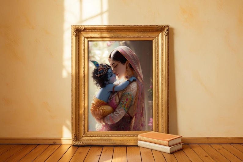 A framed painting of a woman embracing a child, with a book and a stack of books placed in front of the painting on a wooden floor.
