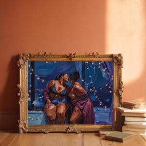 a painting of two women in a romantic embrace, set against a backdrop of a blue sky and white clouds, with string lights adding a warm, intimate atmosphere.
