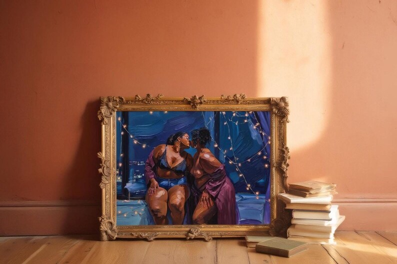a painting of two women in a romantic embrace, set against a backdrop of a blue sky and white clouds, with string lights adding a warm, intimate atmosphere.