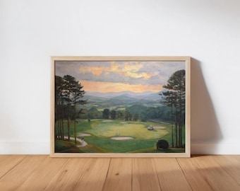 Vintage Golf Course Oil Painting, Sunset Mountain Golf Art Print, Golfer Gift Wall Decor, Country Club Landscape Poster, Retro Fairway Sport