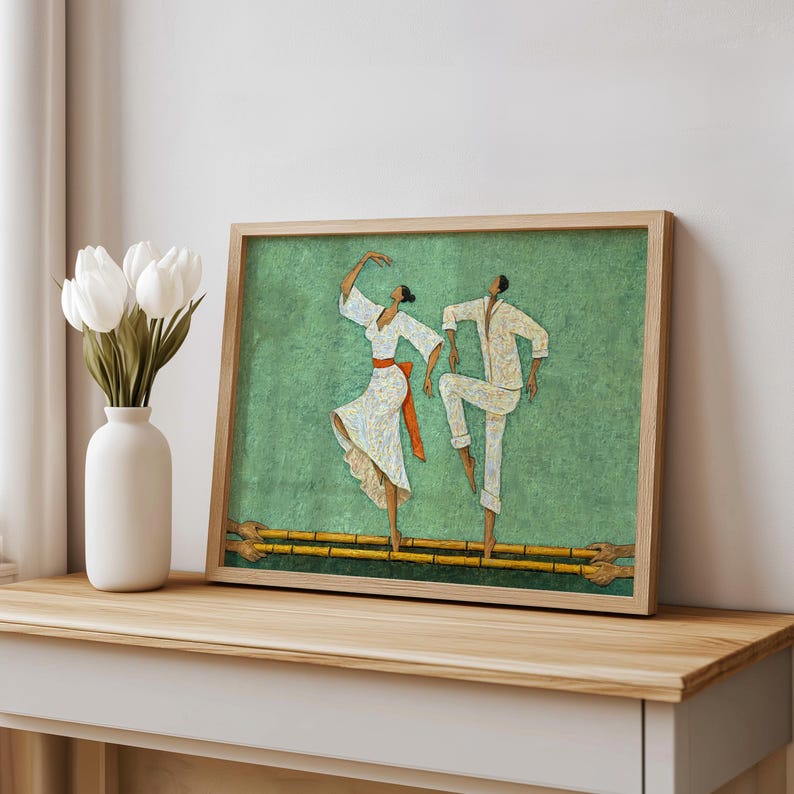 Green Filipino Tinikling Art Print on a shelf, framed styling next to vase, Philippine culture wall art vibe