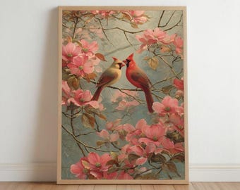 Cardinal Wall Hanging, Bird Pair Print, Gouache Watercolor Red Cardinals Poster, Birder Gift, Pink Blossom Painting, Floral Botanical Art