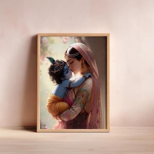 A framed painting depicting a woman embracing a child, with the child appearing to be a depiction of the Hindu deity Krishna.