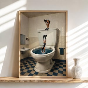 Scuba Divers Toilet Print, Funny Bathroom Wall Art, Tiny Underwater Swimmers Poster, Surreal Restroom Decor, Diver Gift