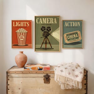 Cinema Wall Art Set of 3, Retro Movie Poster Triptych, Vintage Film Decor, Classic Theater Room Prints, Mid Century Home Theater Posters