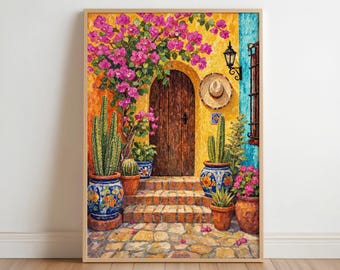 Mexican Courtyard Art Print, Vibrant Cactus Garden Wall Decor, Mexico Pueblo Architecture Poster, Colorful Boho Painting, Desert Home Accent