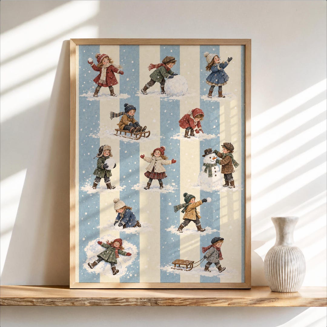 Vintage Winter Children Wall Art, Victorian Snow Day Print, Blue Stripe ...