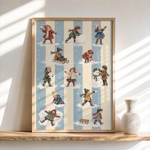 May include: A framed vertical print featuring a repeating pattern of children in winter clothing playing in the snow. The background consists of alternating light blue and cream vertical stripes. The children are depicted sledding, building snowmen, and making snow angels while wearing hats, scarves, and coats in various colors.