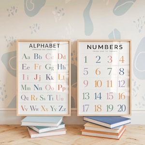 May include: Two framed educational posters with light wood frames. The left poster displays the alphabet in uppercase and lowercase letters. The right poster displays numbers from one to twenty. Both feature colorful text on a white background.