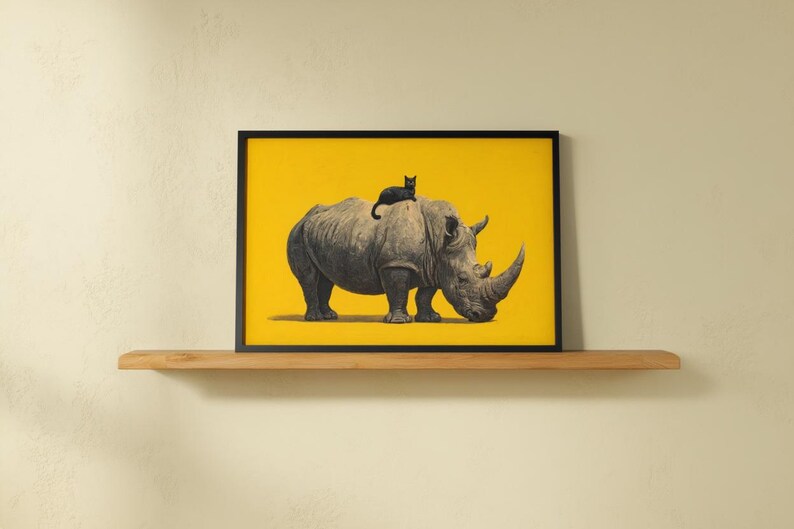 May include: A rectangular framed wall art print featuring a detailed illustration of a large gray rhinoceros standing in profile on a solid bright yellow background, with a small black cat resting on the back of the rhinoceros.