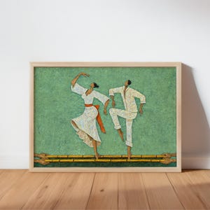 Filipino Tinikling Art Print, framed and leaning, green textured backdrop, stylized couple in traditional clothing
