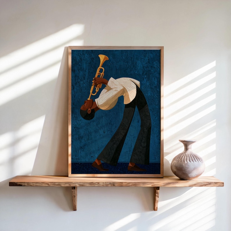 Jazz Trumpet Player Print, Retro African American Musician Wall Art, Afrocentric Mid Century Modern Decor, Moody Black Culture Painting