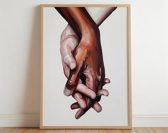 Interracial art love print - black and white biracial couple holding hands - Oil painting poster