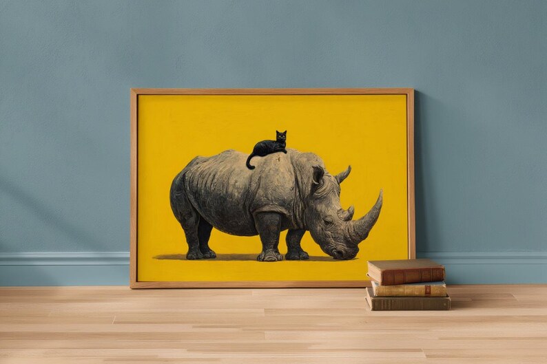 May include: A framed rectangular wall art print featuring a grey rhinoceros standing in profile against a solid yellow background. A small black cat is perched on the back of the rhinoceros. The artwork is enclosed in a light-toned wooden frame.