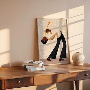 Jazz Trumpet Player Print, Retro African American Musician Wall Art, Afrocentric Mid Century Modern Decor, Moody Black Culture Painting