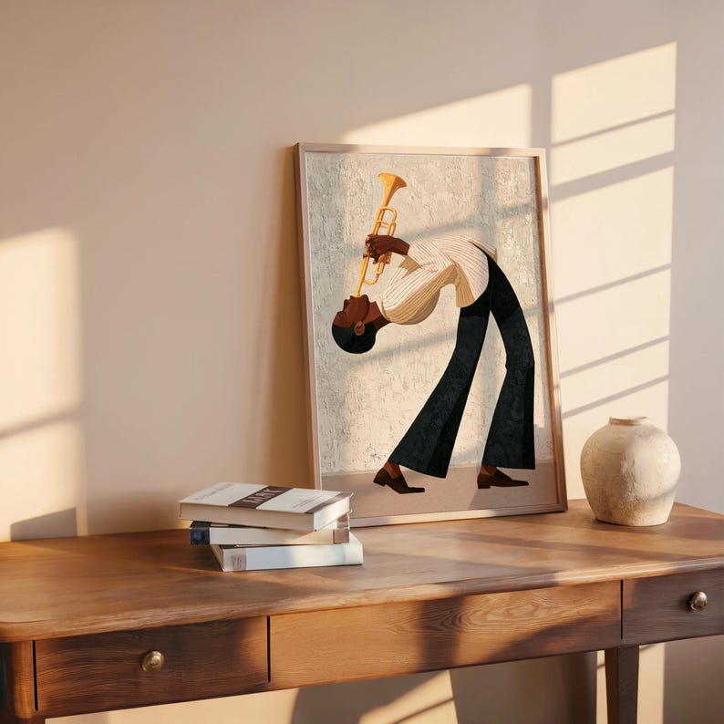 Jazz Trumpet Player Print, Retro African American Musician Wall Art, Afrocentric Mid Century Modern Decor, Moody Black Culture Painting