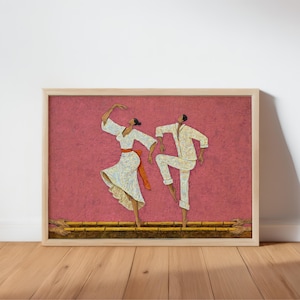Dusty rose Filipino Tinikling Art Print, framed, soft pink backdrop, stylized folk dance scene in traditional attire