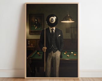 Impressão de cabeça de bola de bilhar, arte surrealista vintage de meados do século XX, pôster retrô de faroeste dos anos 80, decoração para jogador de sinuca, tela surreal para sala de jogos com tema de bilhar.