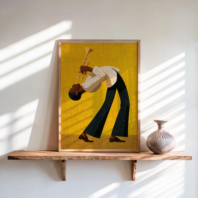 Jazz Trumpet Player Print, Retro African American Musician Wall Art, Afrocentric Mid Century Modern Decor, Moody Black Culture Painting