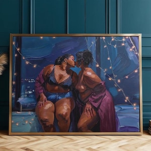 two women in a romantic embrace, with a string of lights in the background.