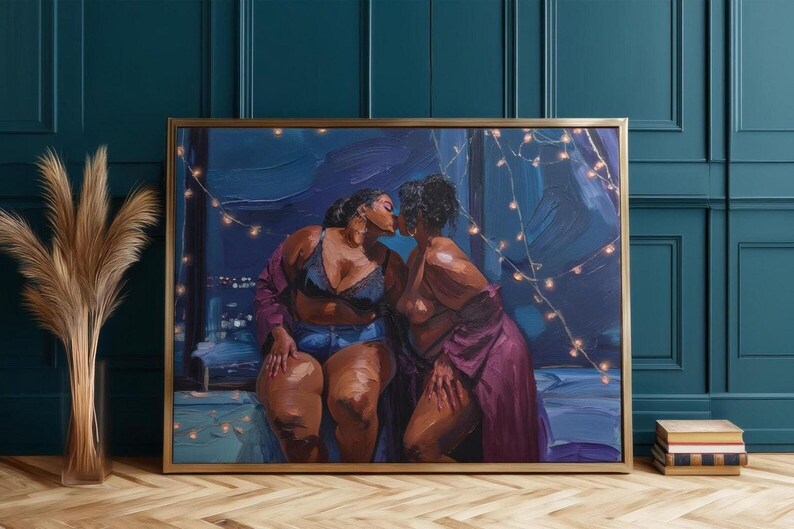 two women in a romantic embrace, with a string of lights in the background.