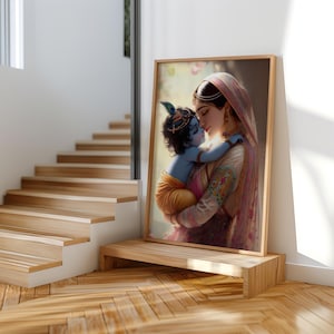 a framed painting of a woman holding a child, with a wooden staircase in the background.