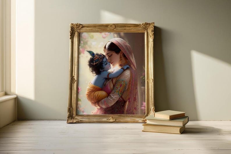 a painting of a woman holding a child, with a wooden frame surrounding the artwork. The painting is displayed on a wall, and there are some books and a stack of books visible in the foreground.