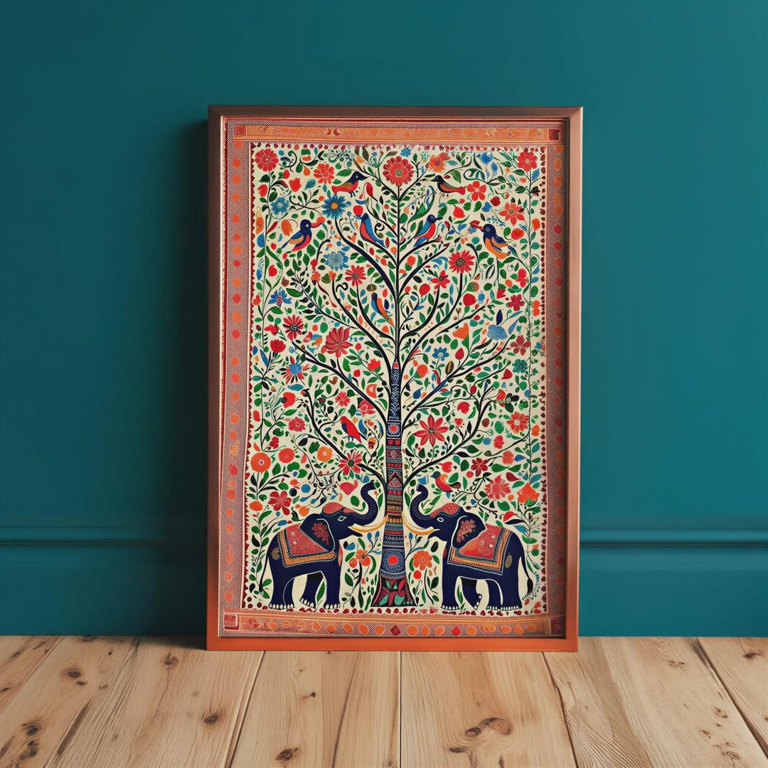 Madhubani Tree of Life Print Painting - Kalamkari Indian Folk Wall Art ...