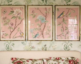 Chinoiserie Wall Art: Grandmillennial Bird & Floral Triptych Print - Pink Peony Tapestry - Coquette Decor (Digital)