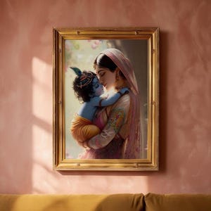 A framed painting of a woman embracing a child, likely a depiction of the Hindu deity Radha, is hanging on a pink wall above a couch.