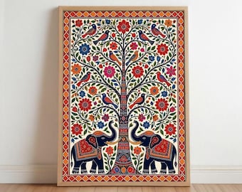 Madhubani Print, Indian Folk Art Poster, Traditional Tree of Life Wall Decor, Ethnic Kalamkari Painting, Vibrant Bohemian Art (DIGITAL)