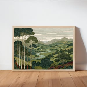 May include: A framed landscape print featuring a winding river flowing through a valley of green hills and mountains. Tall, slender trees with dark green foliage stand in the foreground, while the background shows rolling hills under a cloudy sky.