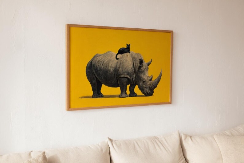 May include: A rectangular framed wall art piece featuring a black and white illustration of a rhinoceros with a small black cat sitting on its back, set against a solid, vibrant yellow background, enclosed in a light-toned wooden frame.