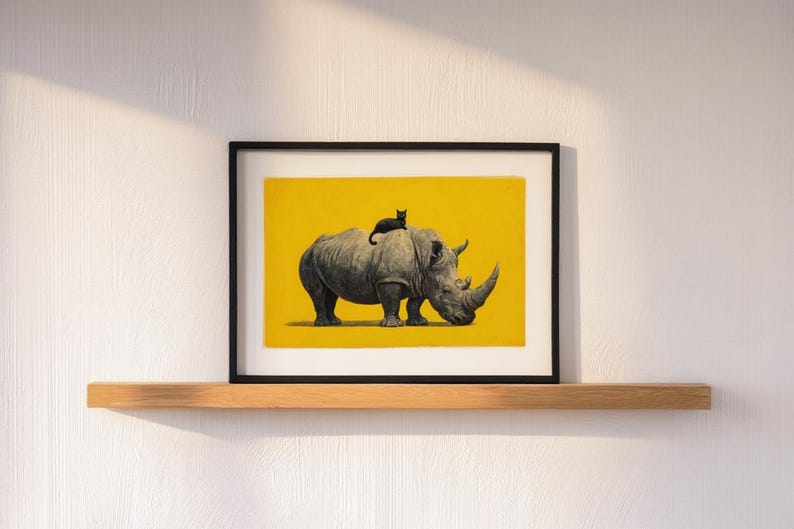 May include: A framed art print featuring a black and white illustration of a rhinoceros with a small black cat sitting on its back, set against a solid yellow background. The artwork is enclosed in a thin black frame with a white mat border.