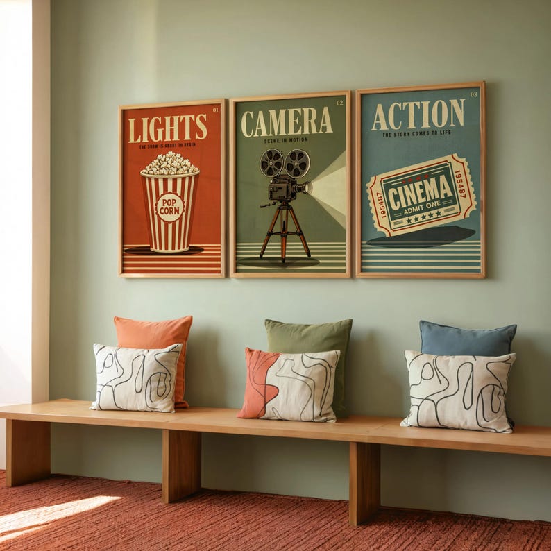Cinema Wall Art Set of 3, Retro Movie Poster Triptych, Vintage Film Decor, Classic Theater Room Prints, Mid Century Home Theater Posters