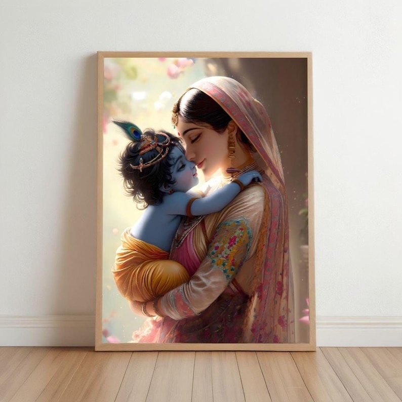 a woman embracing a child, with the child appearing to be a young Hindu deity.
