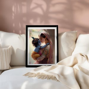 A framed painting of a woman holding a child is displayed on a white couch, with a beige blanket and pillows in the foreground.