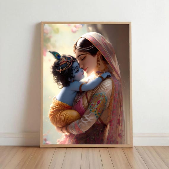 Yashoda Krishna Poster Painting, Indian Hindu God Wall Art, Divine Mother and Baby Krishna, Spiritual Icon Decor, Religious Nursery Print