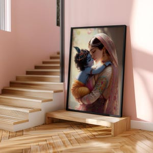 a framed painting of a woman holding a child, with a wooden staircase in the background.