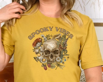 Artistic Halloween Shirt, Spooky Vibes Skull T-Shirt, Skull with Flowers,  Halloween Fashion, Teacher Halloween Shirt