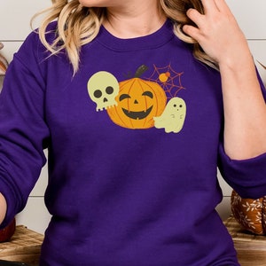 Felpa girocollo retrò di Halloween Jack O&#39; Lantern, fantasma amichevole, teschio, ragno, vibrazioni vintage spettrali, camicia da insegnante