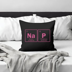 Almohada de lanzamiento de siesta de mesa periódica, decoración en negro y rosa estilo años 90, almohadas de dormitorio