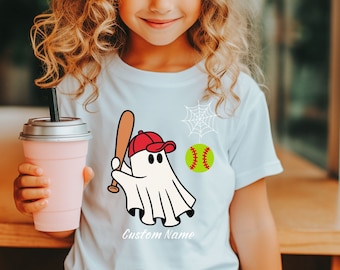 Personalized Softball Halloween Girls Shirt - Spooky Sporty Halloween Tee with Custom Name TShirt