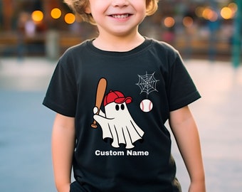Custom Name Halloween Baseball Shirt for Boys, Spooky Baseball Player Ghost Boys TShirt