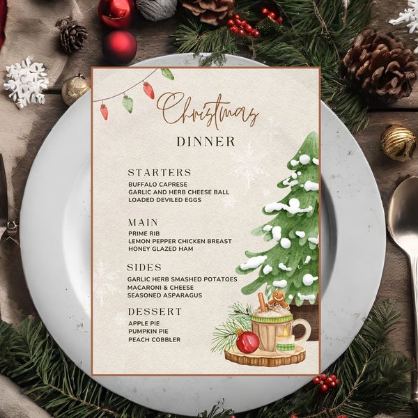Editable Rustic Christmas Dinner Menu Template, Instant Download, Canva Editable, Festive Rustic Design, Customization Available