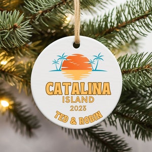 Custom Ornament, Catalina Island, Wedding Gift Ornament with First Names and Beach Sunset