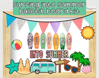 Surfing into Summer Beach Bulletin Board Kit, Digital Download, Elementary Classroom Decor, Beach Modern Teaching Door Sign