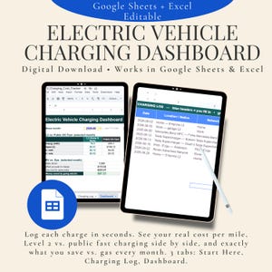 Op de afbeelding: Een digitaal sjabloon voor een oplaad-dashboard voor elektrische voertuigen voor Google Sheets en Excel. Het display toont een oplaadlogboek en kosten-tracker met kolommen voor datum, locatie, station en netwerk, plus een overzicht.