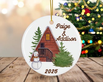 Personalized Our First Christmas Ornament, Newlywed Gift, Bridal Shower Present, Custom Names, Rustic A Frame Cabin Keepsake